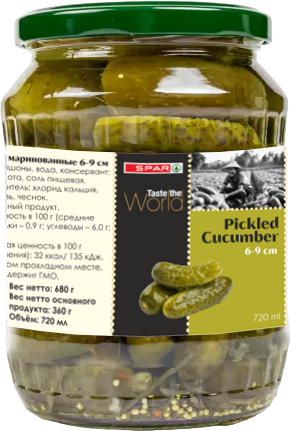 Корнишоны маринованные 6-9см SPAR 680г ст/б