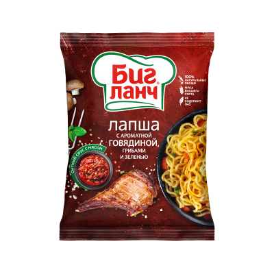 Лапша с ароматной говядиной, грибами и зеленью Биг Ланч 75г