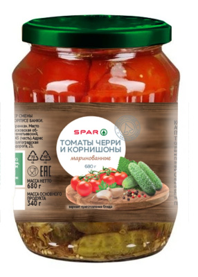 Томаты Черри и Корнишоны маринованные SPAR 680г ст/б