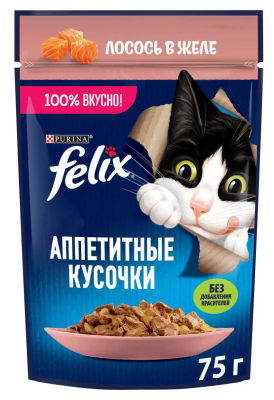 Корм влажный для кошек Феликс Лосось кусочки в желе 75г