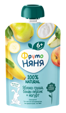 Пюре ФрутоНяня Яблоко/Груша/Банан/Персик/Йогурт с 6мес д/п 90г БЗМЖ