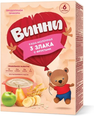 Каша молочная Винни 3 Злака/Фрукты с 6мес 200г БЗМЖ