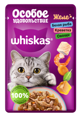 Корм влажный для кошек Вискас Особое удовольствие Белая рыба/Креветка/Овощи желе 75г