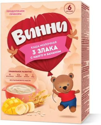 Каша молочная Винни 3 Злака/Манго/Банан с 6мес 200г БЗМЖ