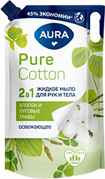 Мыло жидкое Аура Pure Cotton 850мл 2в1 Хлопок/Лугов травы д/пак