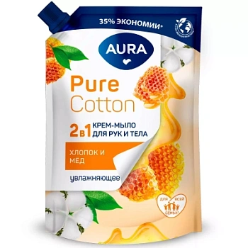 Мыло жидкое Аура Pure Cotton 450мл 2в1 Хлопок/Мёд д/пак