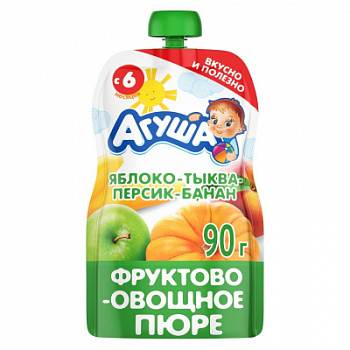 Пюре Агуша Яблоко/Тыква/Персик/Банан с 6мес д/п 90г