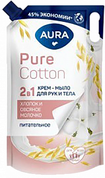 Мыло жидкое Аура Pure Cotton 850мл 2в1 Хлопок/Овсян молоч д/пак