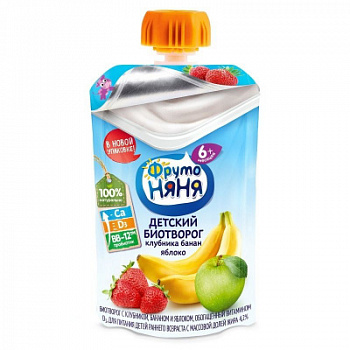 Биотворог ФрутоНяня Клубника/Банан/Яблоко с 6мес 4,2% д/п 90г БЗМЖ
