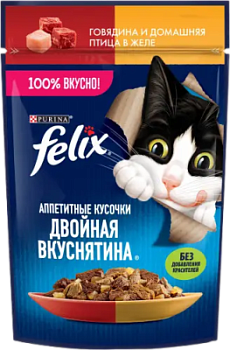 Корм влажный для кошек Феликс Двойной Вкус Говядина/Птица в желе 75г