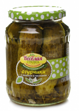 Огурчики маринованные с Зеленью  и Чесноком Веселая Грядка  680г
