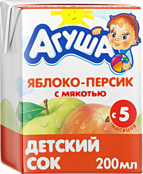 Сок Агуша Яблоко/Персик с мякотью с 5 мес т/п 200мл