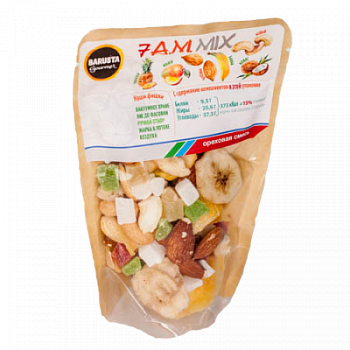 Смесь орехово-фруктовая Кешью,миндаль,манго,ананасы,кокос,банановые чипсы Баруста 100г
