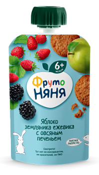 Пюре ФрутоНяня Яблоко/Земляника/Ежевика/Овсяное печенье с 6мес д/п 90г